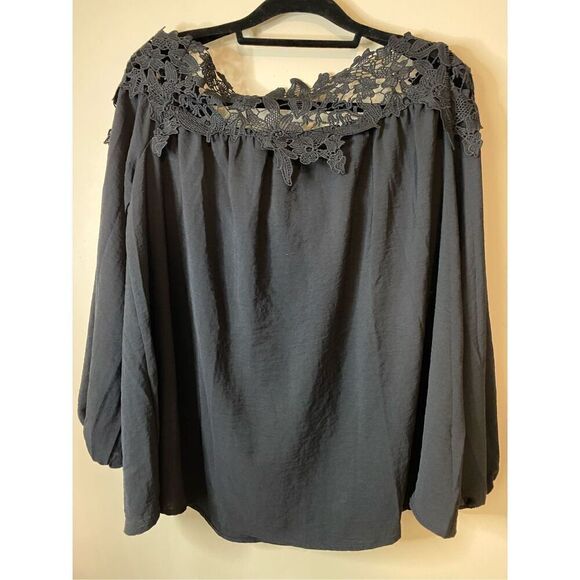 Size 2X, black/off shoulder blouse with lace detail & elastic smocking in back. - Picture 1 of 5